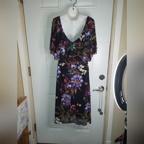 Connected Apparel Sleeveless Chiffon Cape-like Ruffle Floral V-Neck Dress NWT - Picture 7 of 7